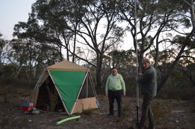 Bob (left) and Gary (right) setting up  one of the Squid poles next to the tent